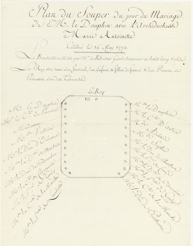 Plan du souper du jour de mariage de Louis XVI et Marie-Antoinette, le 16 mai 1770.
