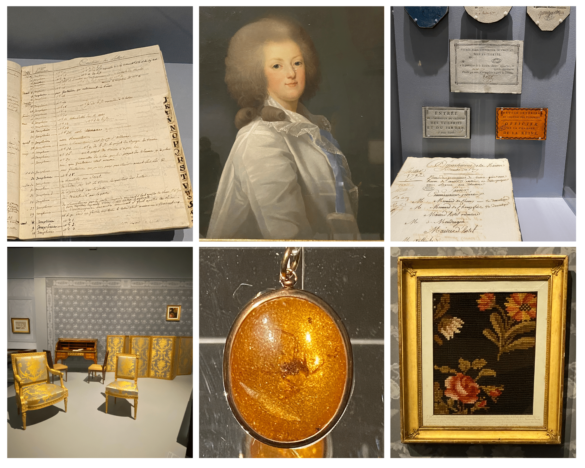 Pêle-mêle des objets de l'exposition Marie-Antoinette 2023 aux Archives nationales