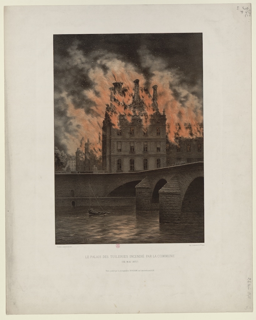 Incendie du palais des Tuileries, le 24 mai 1871. Estampe de Louis-Eugène Pirodon. Musée Carnavalet.