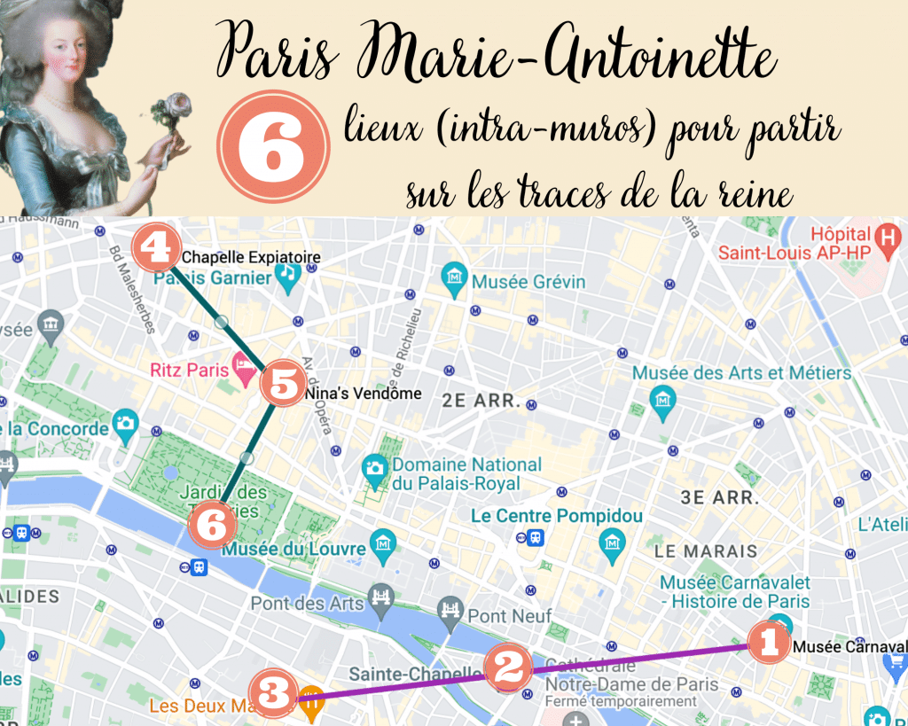 Carte de la capitale représentant 6 lieux à Paris en lien avec Marie-Antoinette.