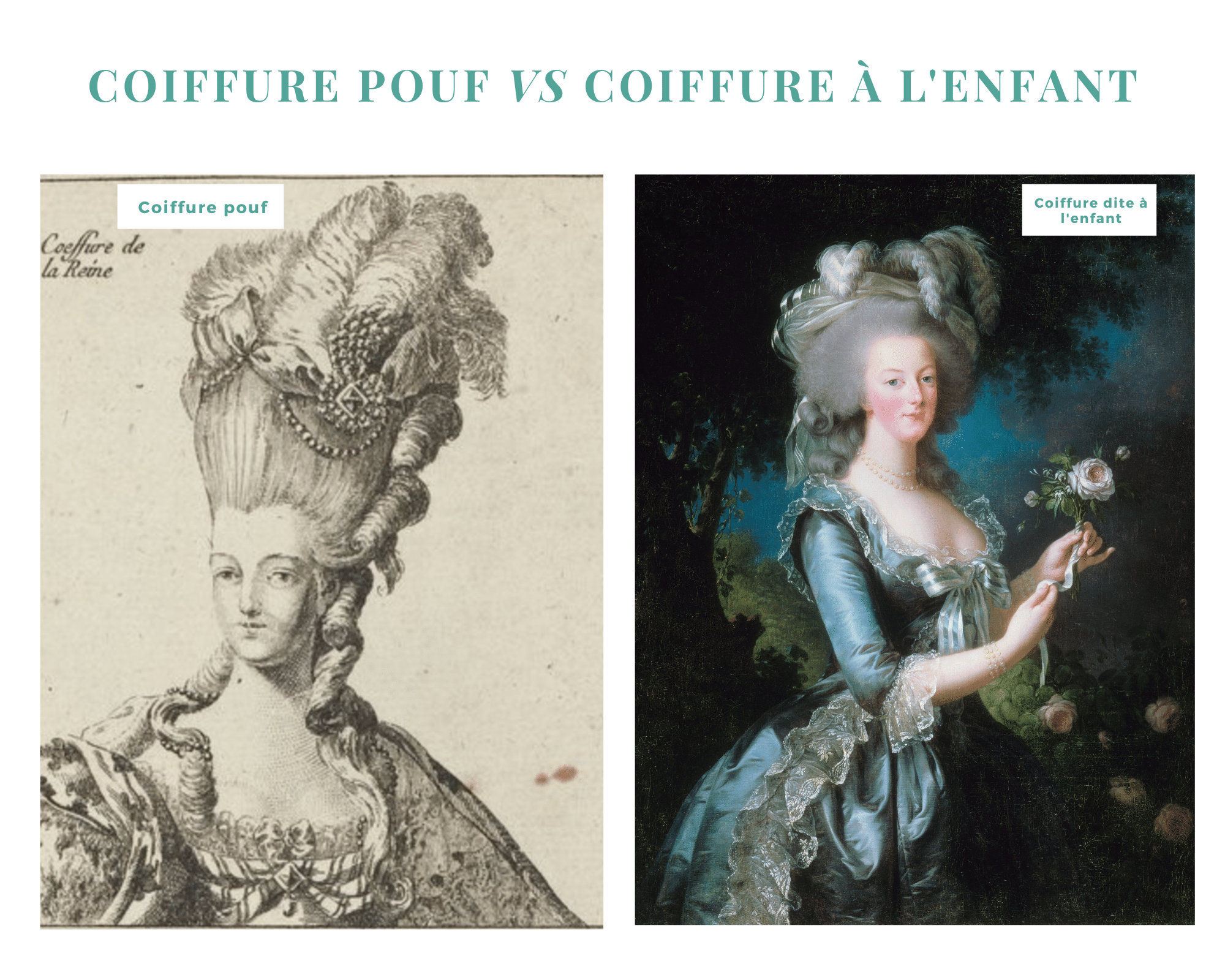 Marie-Antoinette avec à gauche une coiffure pouf et à droite une coiffure à l'enfant