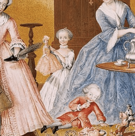 Gouache représentant Marie-Antoinette vers 7 ans, avec une poupée dans les mains.