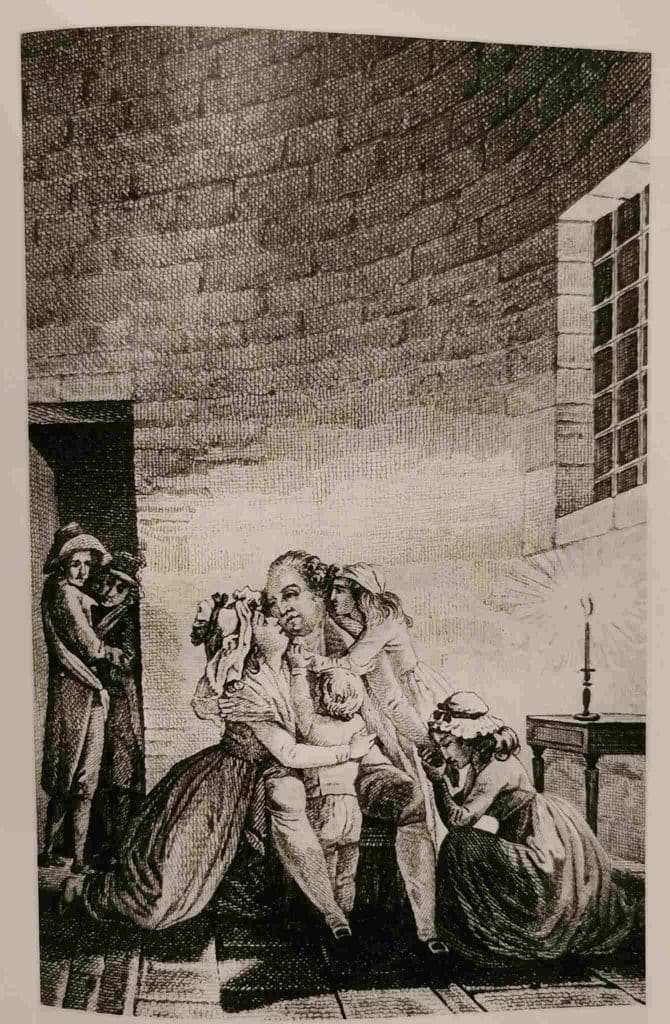 Croquis de Louis XVI faisant ses adieux, sous les yeux de deux gardes, à Marie-Antoinette et à ses enfants la veille de son exécution.