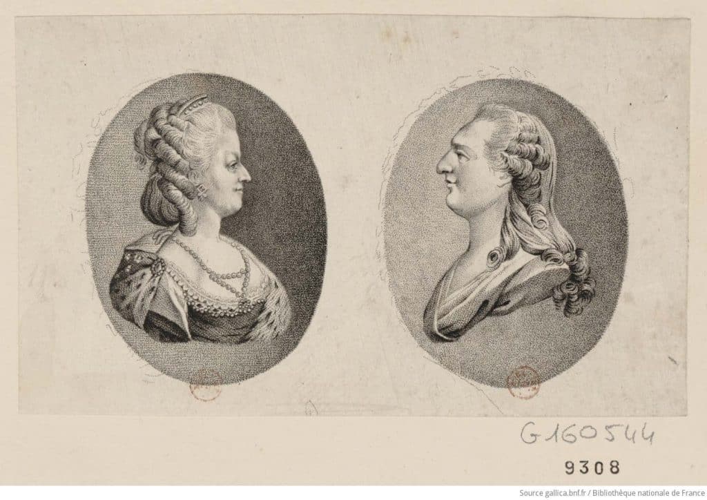 Estampe des portraits en buste et de formes ovales de Marie-Antoinette et de Louis XVI se faisant face.