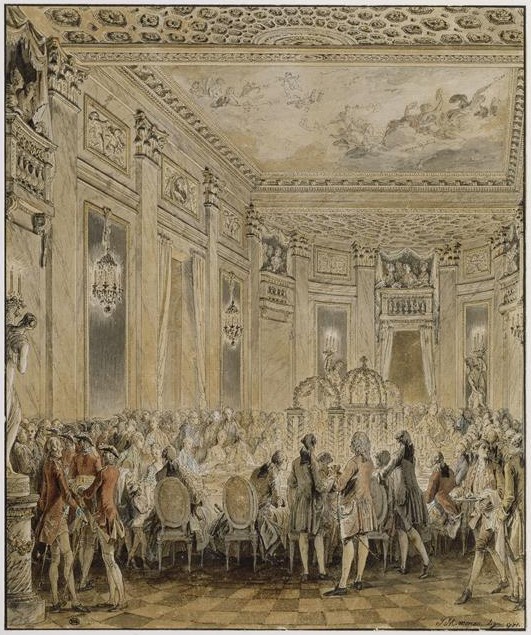 Gravure d'une fête donnée dans le pavillon de Louveciennes en 1771 pour le roi Louis XV.