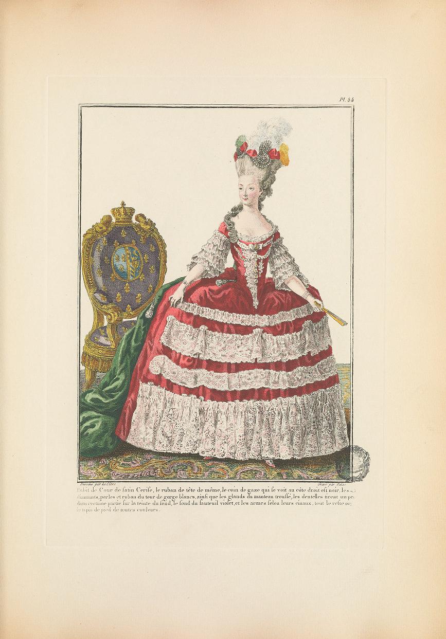 Habit de cour en satin cerise extrait de la galerie des modes