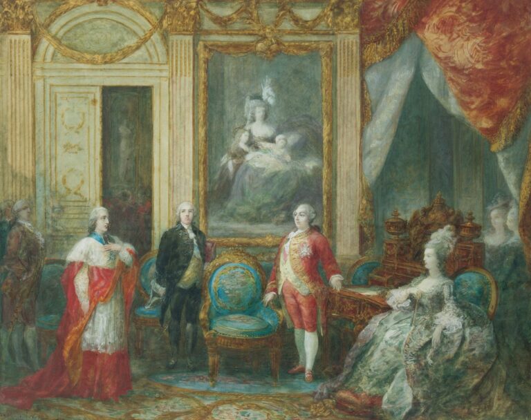 Tableau de Joseph Navlet représentant Louis XVI et Marie-Antoinette recevant un cardinal