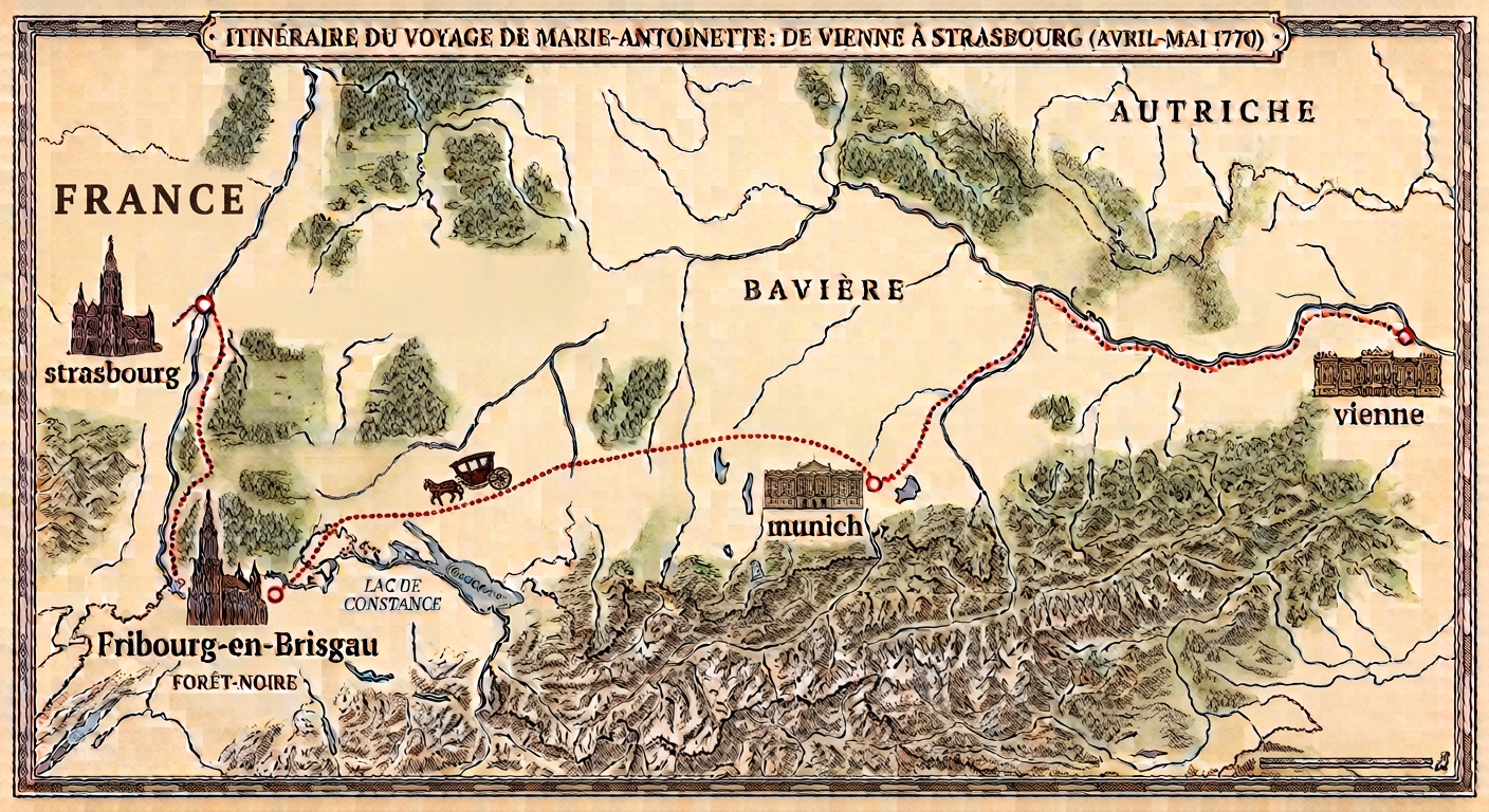 Tracé du trajet de Marie-Antoinette de Vienne à Strasbourg
