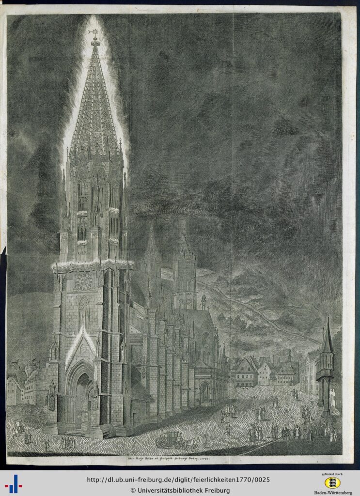 Tour de la cathédrale de Fribourg illuminée pour la venue de Marie-Antoinette